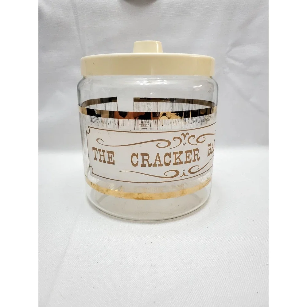 1960's Pyrex The Cracker Barrel Glass Cookie Candy Canister Jar Clear Gold W/Lid